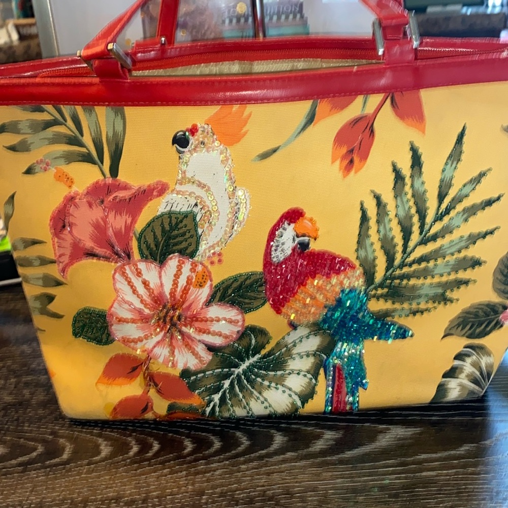 Boutique yellow canvas parrot sequins tote bag. GUC